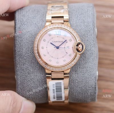 Copy Ballon Bleu de Cartier 33 Quartz New Pink Dial Rose Gold Diamond